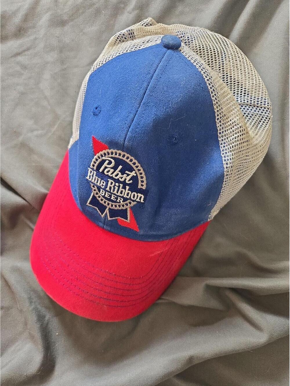 Vintage Pabst Blue Ribbon Beer Trucker Hat - Red Blue White Mesh Snapback